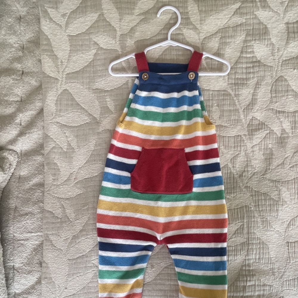 Kite Rainbow Striped Knit Overall One-Piece Romper Sleeveless Pockets 12-18M